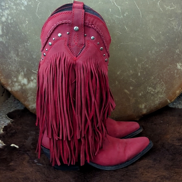LIBERTY BLACK LB71124 Vegas Tiered Fringe  Rojo Red snip toe cowgirl boo… - Picture 6 of 16